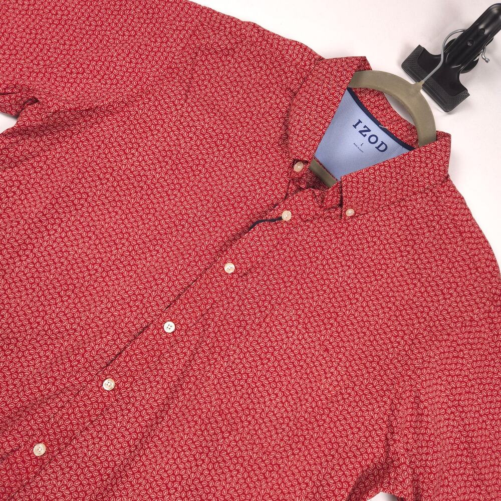 IZOD Shirt Mens Large NWT Red Leaf Print Short Sleeve Cotton Stretch Cool FX New
